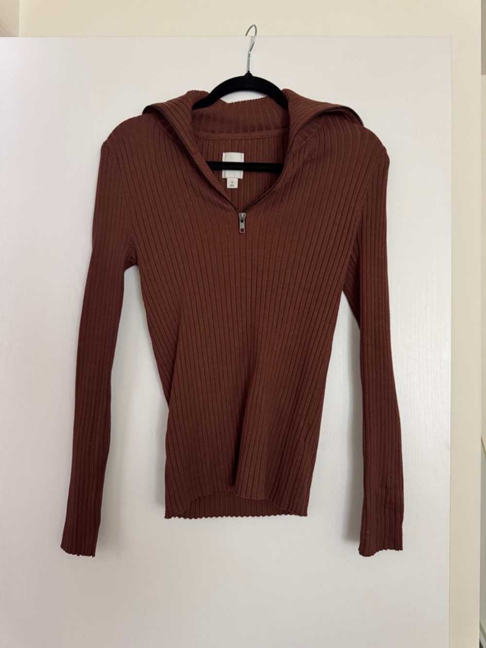 Maeve Ribbed Half-Zip Sweater in Rust Brown